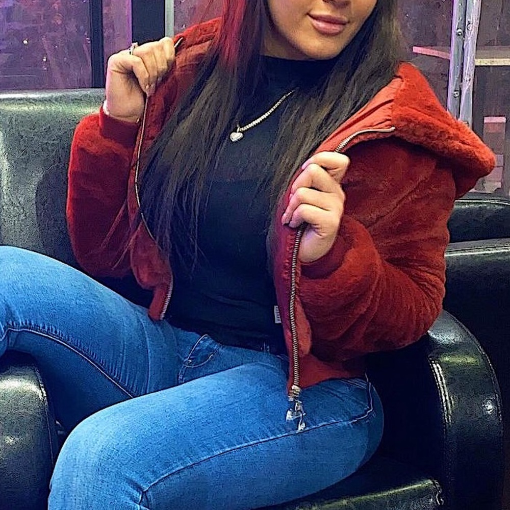 *SOLD* Faux Fur Semi-Cropped Red Hooded Jacket - Picture 1 of 9
